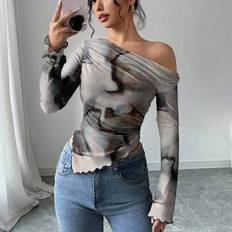 Off-Shoulder T-shirts Shein Casual Elegant Asymmetric Hem Ruched Oblique T-Shirt - Autumn Winter