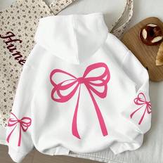 Round Hoodies Children's Clothing Shein Tween Girls Casual Cute Bow Decor Long Sleeve Hoodie Sweatshirt - Cream Pink