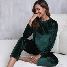 Velvet - Women Underwear Shein Solid Color Velvet Long Sleeve Top And Pants - Autumn/Winter