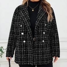 5XL Blazers Shein Plus Size Notched Collar Long Sleeve Button Front Plaid Blazer Jacket - Black