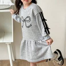 Grey Dresses Shein Young Girl Long Sleeve Bowknot Decor Layered Sweatshirt Dress - Chic Autum