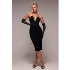 Strapless Super Plunge Diamante Neck Midi Dress - Black