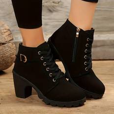 Boots Temu Ladies Square Heel Ankle Boots With Side Zipper - No Print