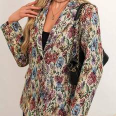 Multicoloured - Women Blazers Shein All-Over Print Lapel Single-Breasted Mid-Length Long Sleeve Blazer - Spring/Autumn