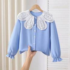 Florals Shirts Children's Clothing Shein Girls Embroidered Floral Collar Cuff Long Sleeve - Button-Down