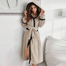 Shein Contrast Color Pom-Pom Hooded Jacquard Plush Ladies Robe