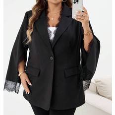 5XL Blazers Shein Plus Size Mandarin Collar Waist Fitted Lace Patchwork Split Sleeve - Black