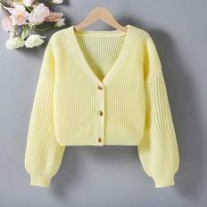 Yellow Cardigans Children's Clothing Shein Tween Girl Casual Plain Loose V-Neck Button Down - Plain