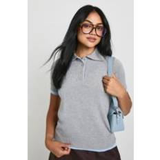 Boohoo Polo Shirts boohoo Double Layer Knitted Lightweight Polo Top - Grey