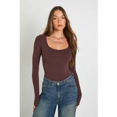 boohoo Seamless Scoop Neck Long Sleeve Bodysuit - Brown