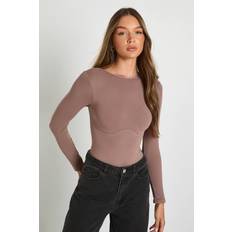 boohoo Seamless Crew Neck Long Sleeve Bodysuit - Brown