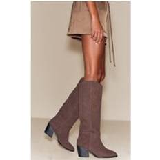 Nubuck High Boots PrettyLittleThing Nubuck Block Heel Knee High Boot - Chocolate