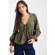 New Look Women Blouses New Look Cord Tie Front Peplum Shirt - Khaki Green