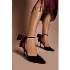Velvet Back Bow Pointed High Stiletto Heel Court Shoes - Dark Red