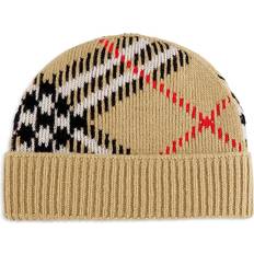 Beige Beanies Burberry Check Cashmere Blend Beanie - Beige