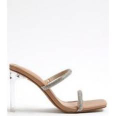 Slippers & Sandals River Island Wide Fit Diamante Strap Heeled Sandals - Beige