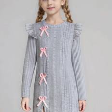 Grey Dresses Temu Girls Elegant Long Sleeve Striped Dress With 3D Bow - Knee Length