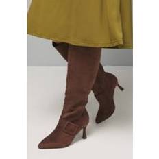 Stiletto - Women Boots Wallis Wide Fit Hazel Faux Suede Covered Buckle Knee Boots - Chocolate