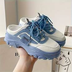 Blue Trainers Temu Elegant Slip-On Sneakers With Lace-up Closure - Breathable Pu Cover