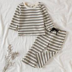 Shein Baby Girl Striped Knit Long Sleeve Top Casual Pants Set - Black/White