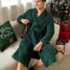 Green - Men Robes Shein Solid Color Long Sleeve Fleece Bathrobe - Fall/Winter