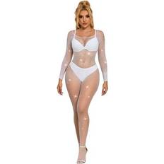 Dame Undertøjssæt Subblime Fishnet Bodystocking With Diamonds Long Sleeve - White