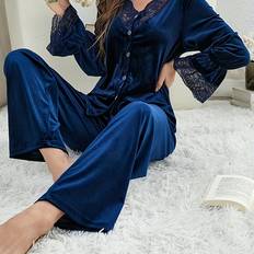 Dam - Sammet Underkläder Temu Elegant Autumn Winter Soft Comfortable Korean Velvet Pajama Set - Solid Color