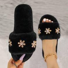 Open Toe Slippers Shein Faux Fur Bling-Bling Bow Rhinestone Decor - Sexy Cozy