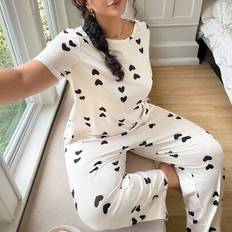 Beige Pyjamas Shein Dream Adore Plus Size Pajama Set Heart Knit Print - Casual