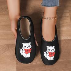 Shoes Temu Cute Cartoon Cat Print Slippers Soft Warm Quiet Stretch - Black