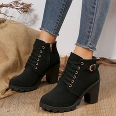 Boots Temu Chunky Heeled Ankle Boots Solid Color Lace Up Side Zipper Boots