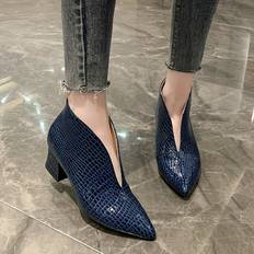Women Heels & Pumps Temu Faux Croc Embossed V Mouth Chunky Heeled Pumps - Chunky Heeled Pumps