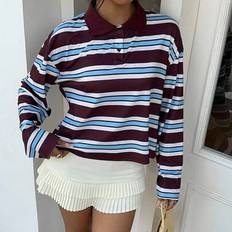 Brown - Women Polo Shirts Fall Women Striped Polo Collar Top Long Sleeve Shirt - Have Autumn