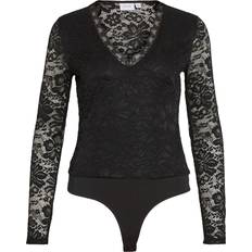 Cut-Out Bodystockings Vila Vistrela Langærmet Blonde Bodystocking Shirtbody - Sort