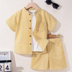 Yellow Shirts Temu Boys' Casual Vertical Stripe Open Patch Pocket Stand Collar Shirt Set - Outdoor