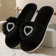 Black Slippers Temu Style Heart Rhinestone Embellished Slippers - Winter