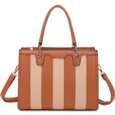 PU Leather Striped Top Handle Shoulder Tote Bag - Brown