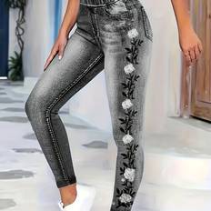 Florals - Women Leggings Temu High-waist Floral Print Stretch Leggings - Black