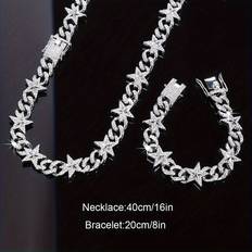 Unisex Jewellery Sets Temu Exquisite Cuban Chain Jewelry Set Necklace Plus Bracelet - Shinny Rhinestone