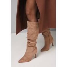 Beige High Boots on sale Wallis Faux Suede Ruche High Stiletto Heel Knee Boots - Beige