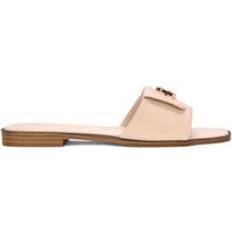 Natural - Women Slides XY London Open Toe Foldover Buckle Slip On Flat Slider Mules - Nude