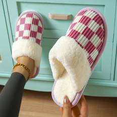 Women Slippers Temu Soft Plush Striped Slippers - Checkered Design