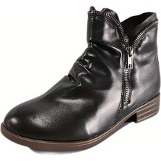 Boots Temu Low Heel Round Toe Double Zipper Ankle Boots - Comfortable