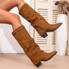 Women - Yellow High Boots Shein Black Metal Buckle Detail Design Tall Boots - Black