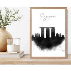 Artze Wall Singapore Watercolour Skyline City Print A4 With Oak Framed Art