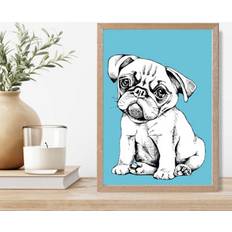 Artze Wall Sketch Pug Dog On Bright Blue A4 Framed Art