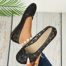 Black Low Shoes Temu Flats With Floral Lace Detail Ballet Shoes - Breathable