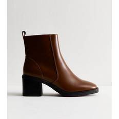 Ankle Boots New Look Square Toe Heeled Ankle Boot Faux Leather Block Heel - Tan Brown