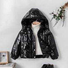 Down jackets - Polyamide Shein Girls Toddler Fashionable Hooded Short High Waist Quilted Padded Coat - Autumn/Winter