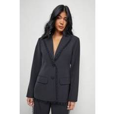 Black - Women Blazers Warehouse Oversized Lace Frill Trim Single Breasted Blazer - Black